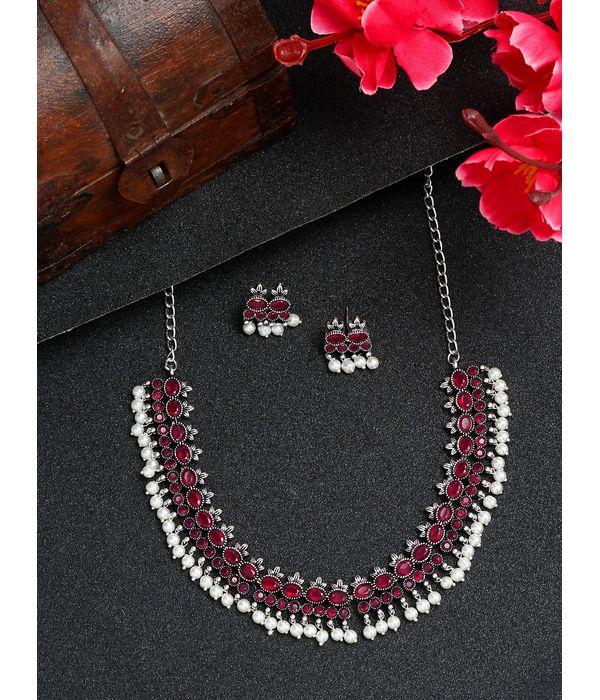 YouBella Jewellery Oxidised Silver Necklace Jewellery Set with Earrings for Girls and Women (Red) (YBNK_50524)